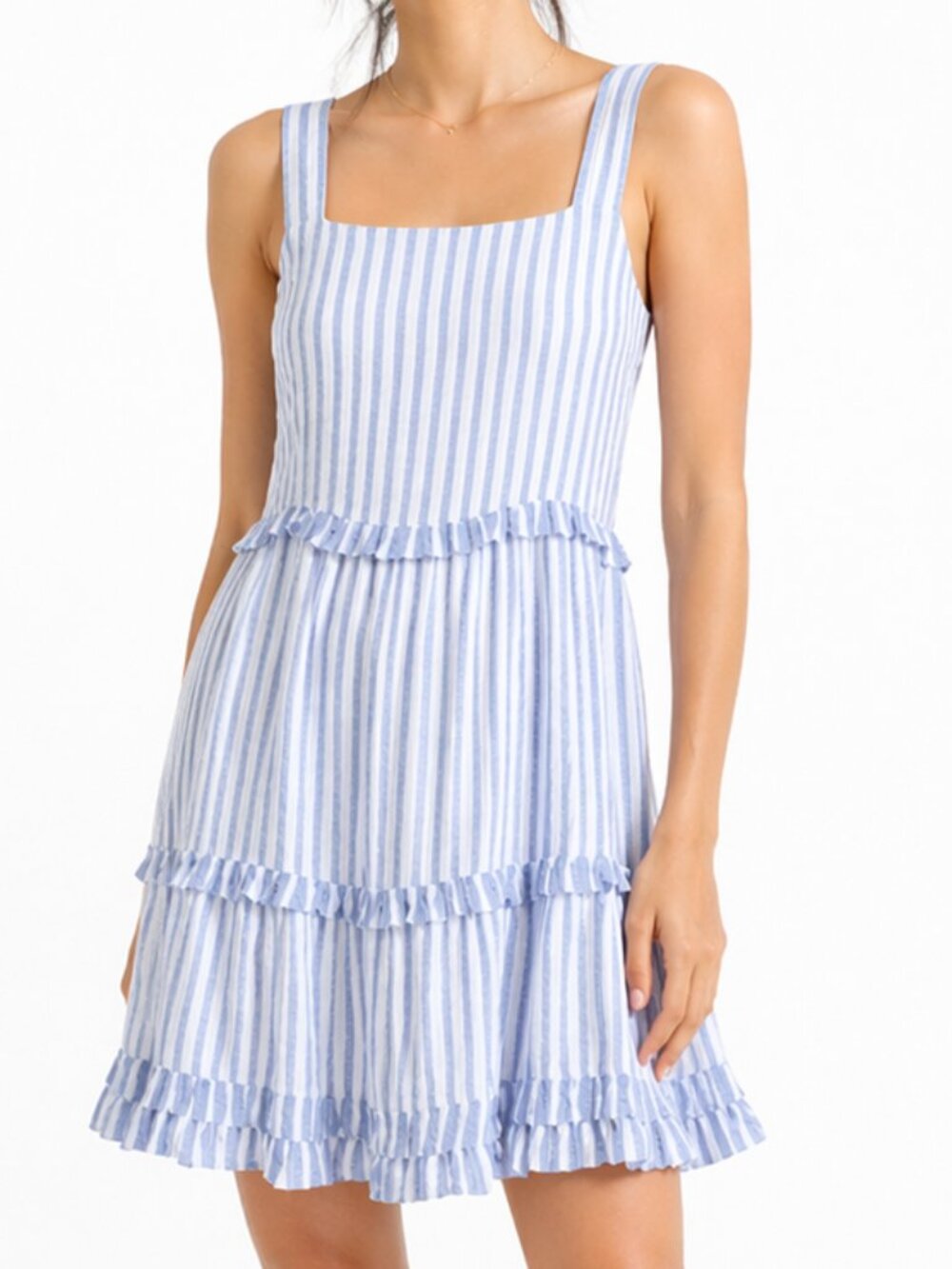 Rails Sandy Blue White Striped Tiered Linen Mini Sundress Small